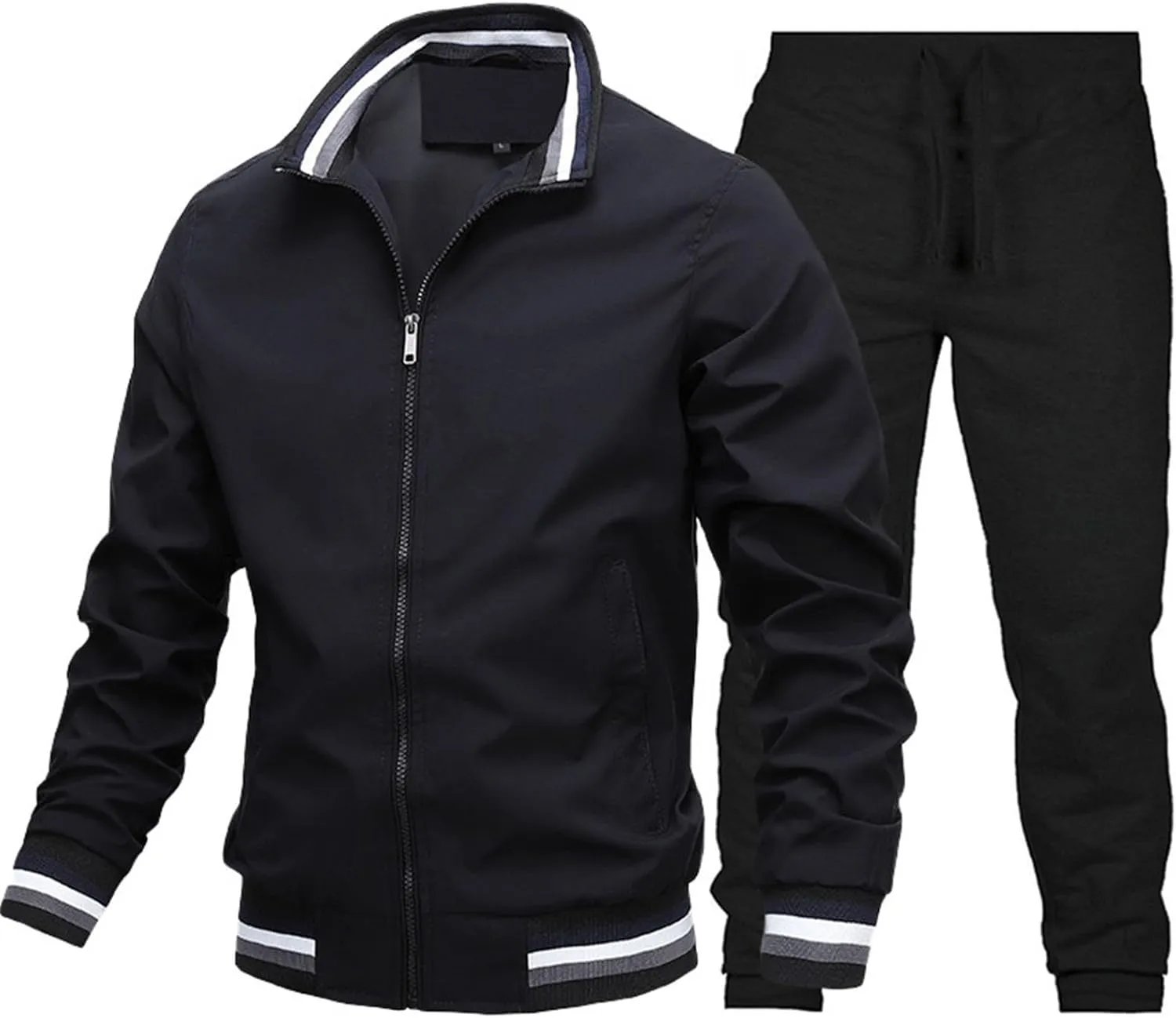 Mens 2 Pieces Tracksuits Full Zip Running Jogging Sweatsuit Athletic Sports Set Stripe Print Jacket & Sweatpants