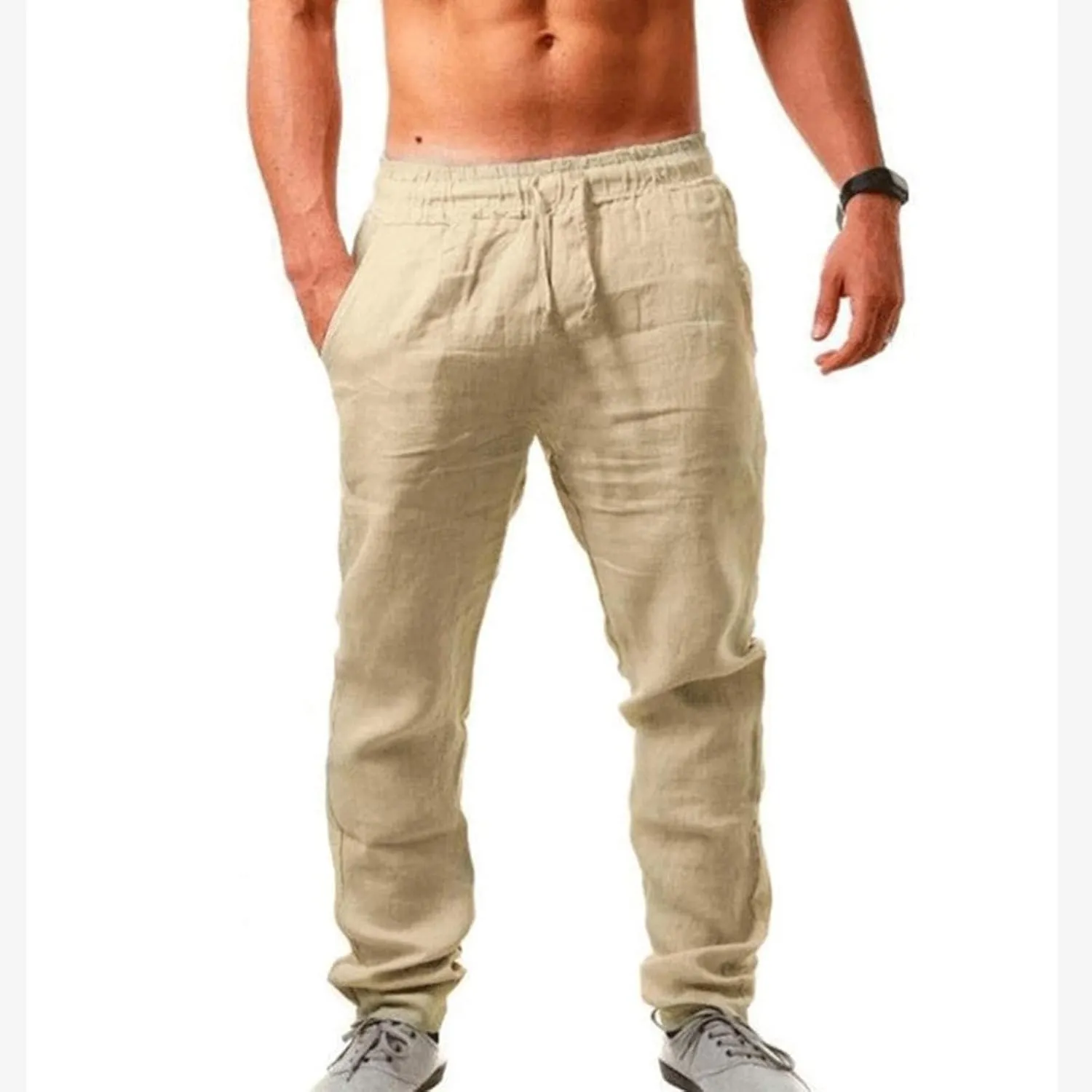 Mens Cotton Linen Pants Elastic Waist Drawstring Lightweight Summer Loose Hippie Yoga Beach Pants Trouser with Pocket