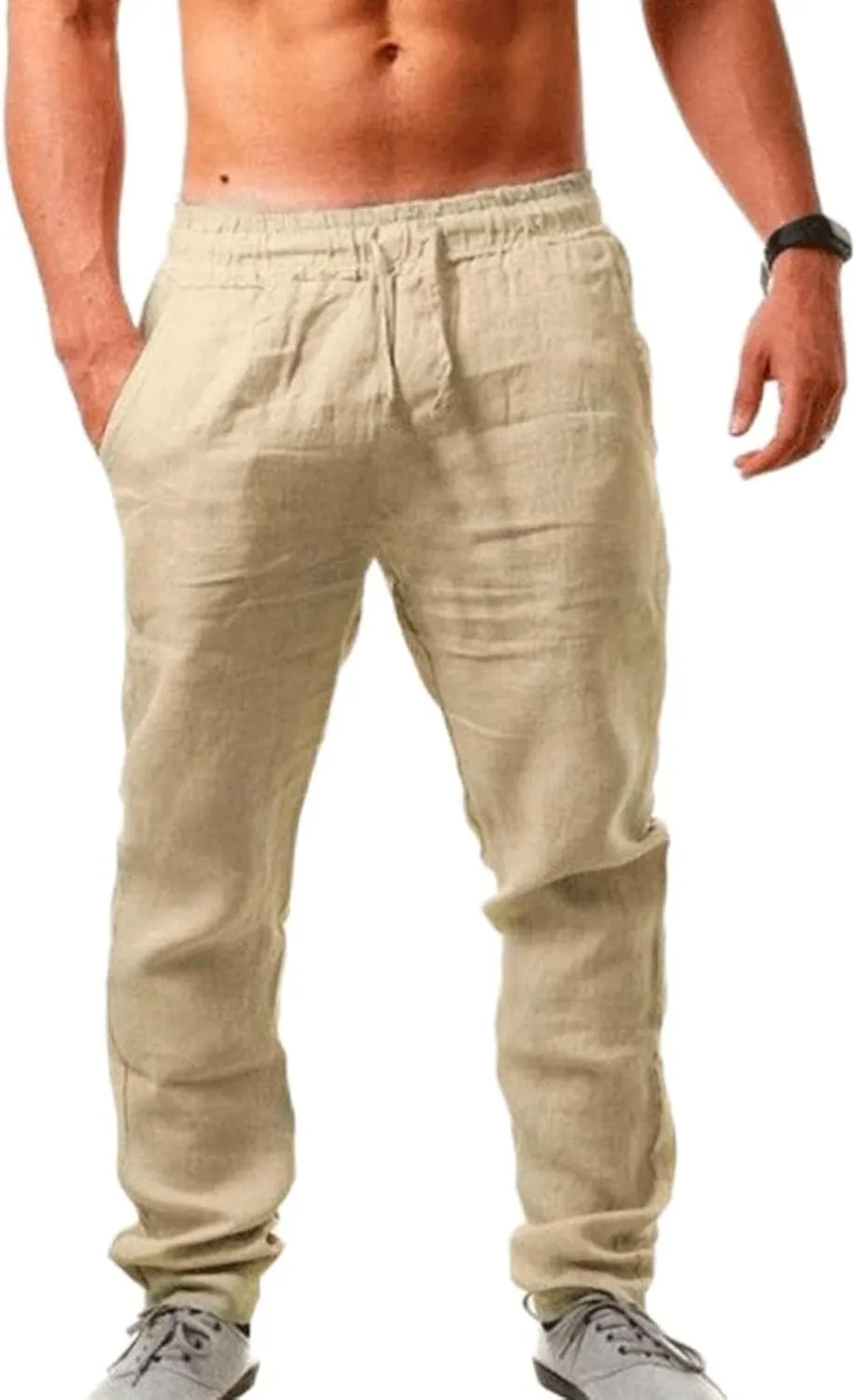Mens Cotton Linen Pants Elastic Waist Drawstring Lightweight Summer Loose Hippie Yoga Beach Pants Trouser with Pocket
