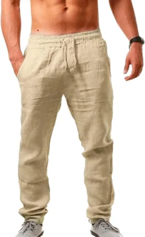 Mens Cotton Linen Pants Elastic Waist Drawstring Lightweight Summer Loose Hippie Yoga Beach Pants Trouser with Pocket