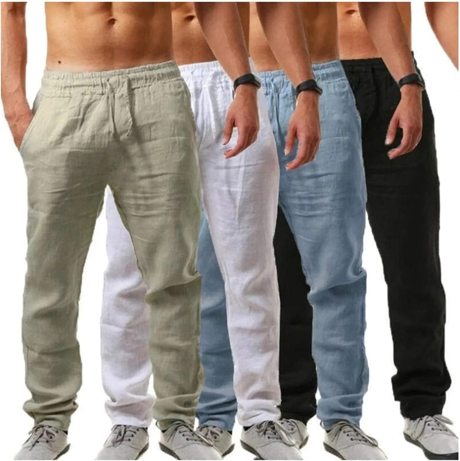 Mens Cotton Linen Pants Elastic Waist Drawstring Lightweight Summer Loose Hippie Yoga Beach Pants Trouser with Pocket