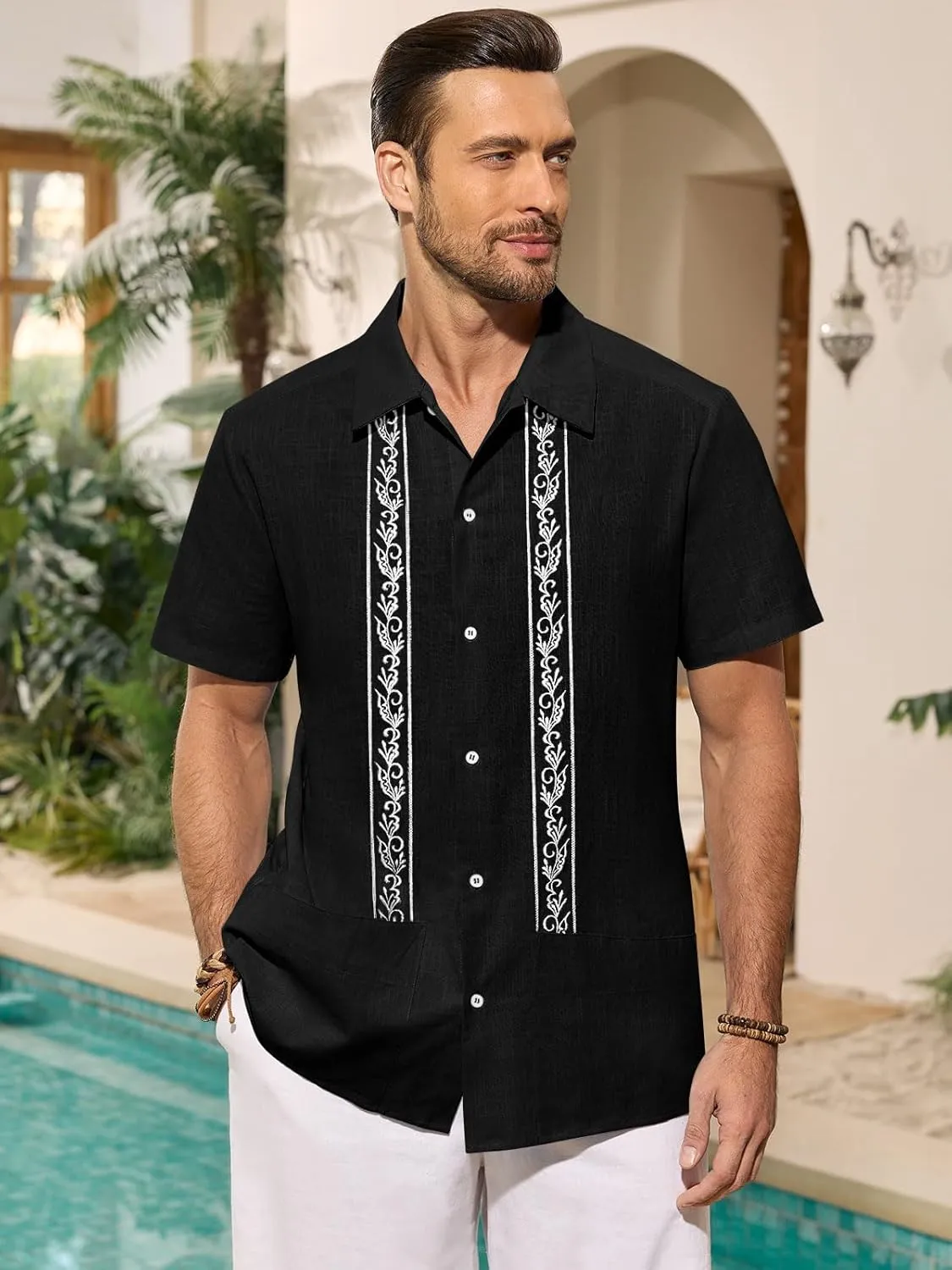Mens Cuban Guayabera Shirts Cotton Linen Short Sleeve Shirt Casual Hippie Beach Button Down Pocket Shirt