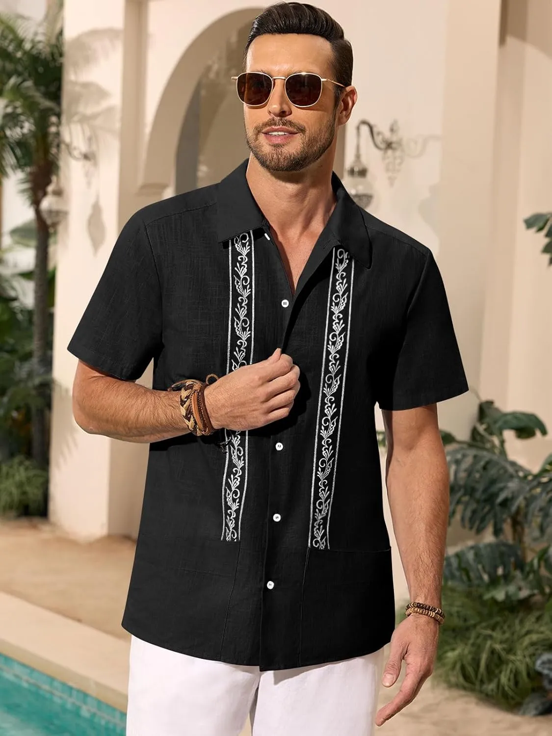 Mens Cuban Guayabera Shirts Cotton Linen Short Sleeve Shirt Casual Hippie Beach Button Down Pocket Shirt