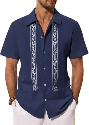 Mens Cuban Guayabera Shirts Cotton Linen Short Sleeve Shirt Casual Hippie Beach Button Down Pocket Shirt