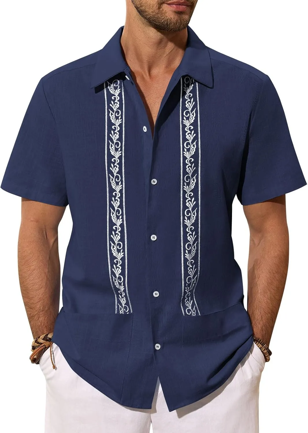 Mens Cuban Guayabera Shirts Cotton Linen Short Sleeve Shirt Casual Hippie Beach Button Down Pocket Shirt
