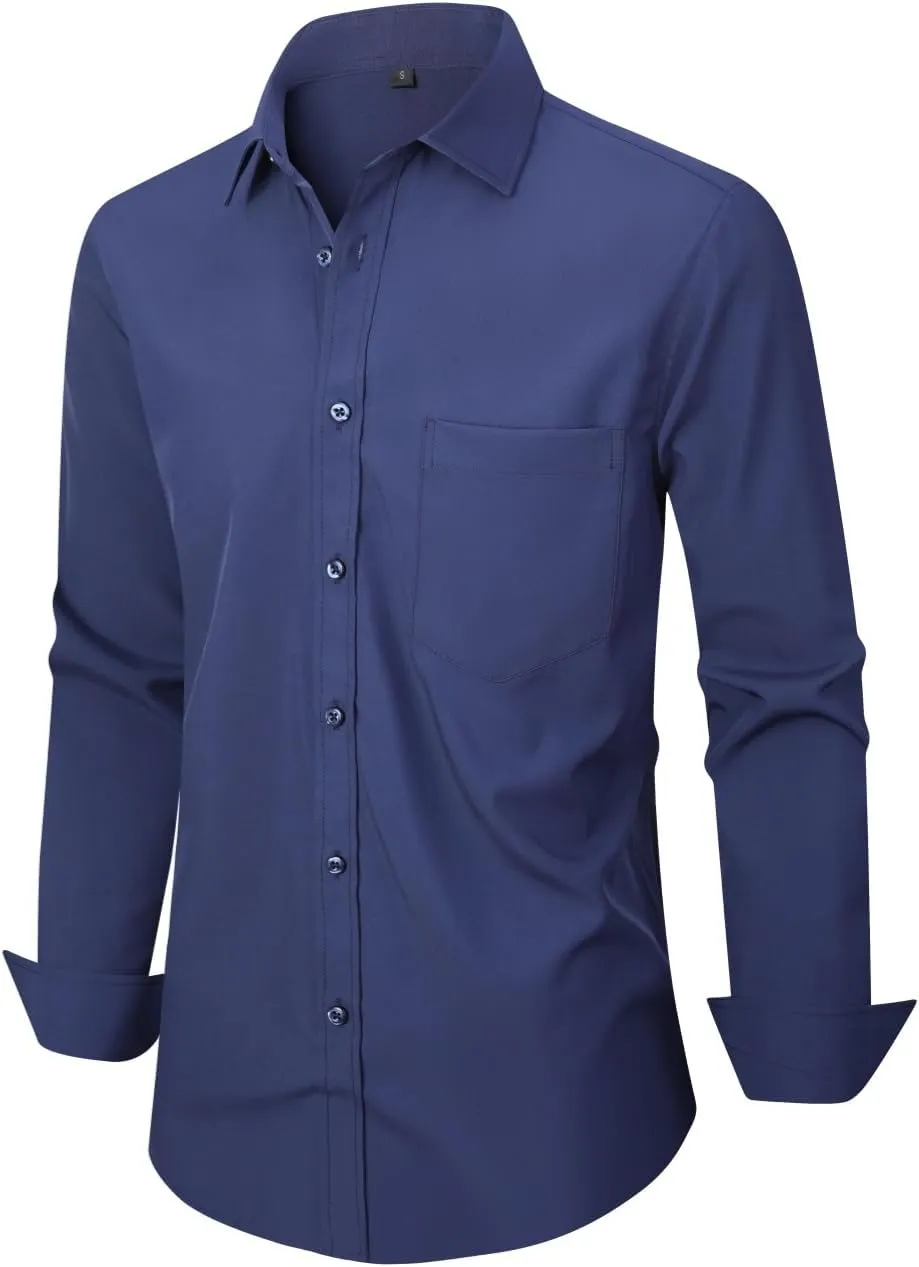 Men's Dress Shirts Long Sleeve Button Down Shirt Business Formal Stretch Shirt Regular Fit with Pockets