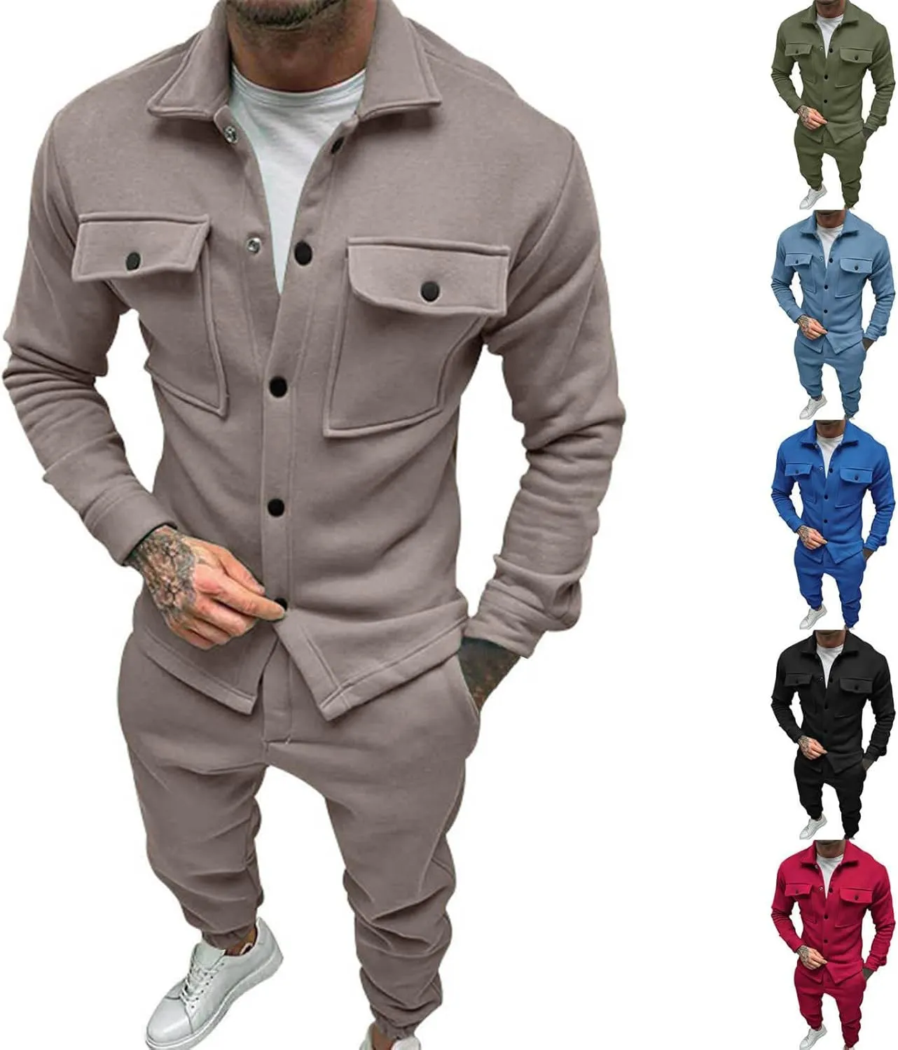 Mens Fashion 2 Piece Outfits Long Sleeve Button Down Shirt and Pants Sets Workout Athletic Sports Jogging Casual Tracksuits