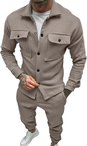 Mens Fashion 2 Piece Outfits Long Sleeve Button Down Shirt and Pants Sets Workout Athletic Sports Jogging Casual Tracksuits