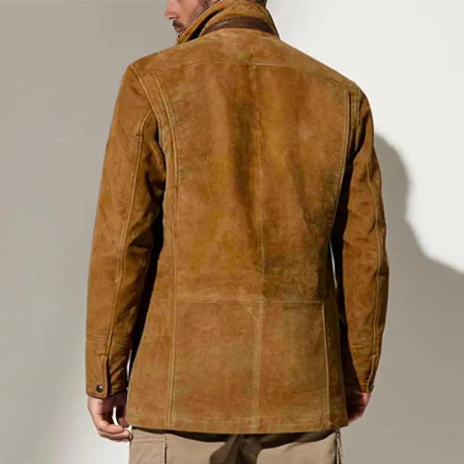 Men's Faux Leather Jacket Double Lapel Casual Work Cargo Jacket Vintage Style Leather Blazer Windproof Coat with Button