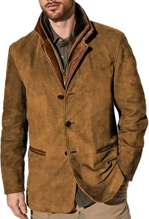 Men's Faux Leather Jacket Double Lapel Casual Work Cargo Jacket Vintage Style Leather Blazer Windproof Coat with Button
