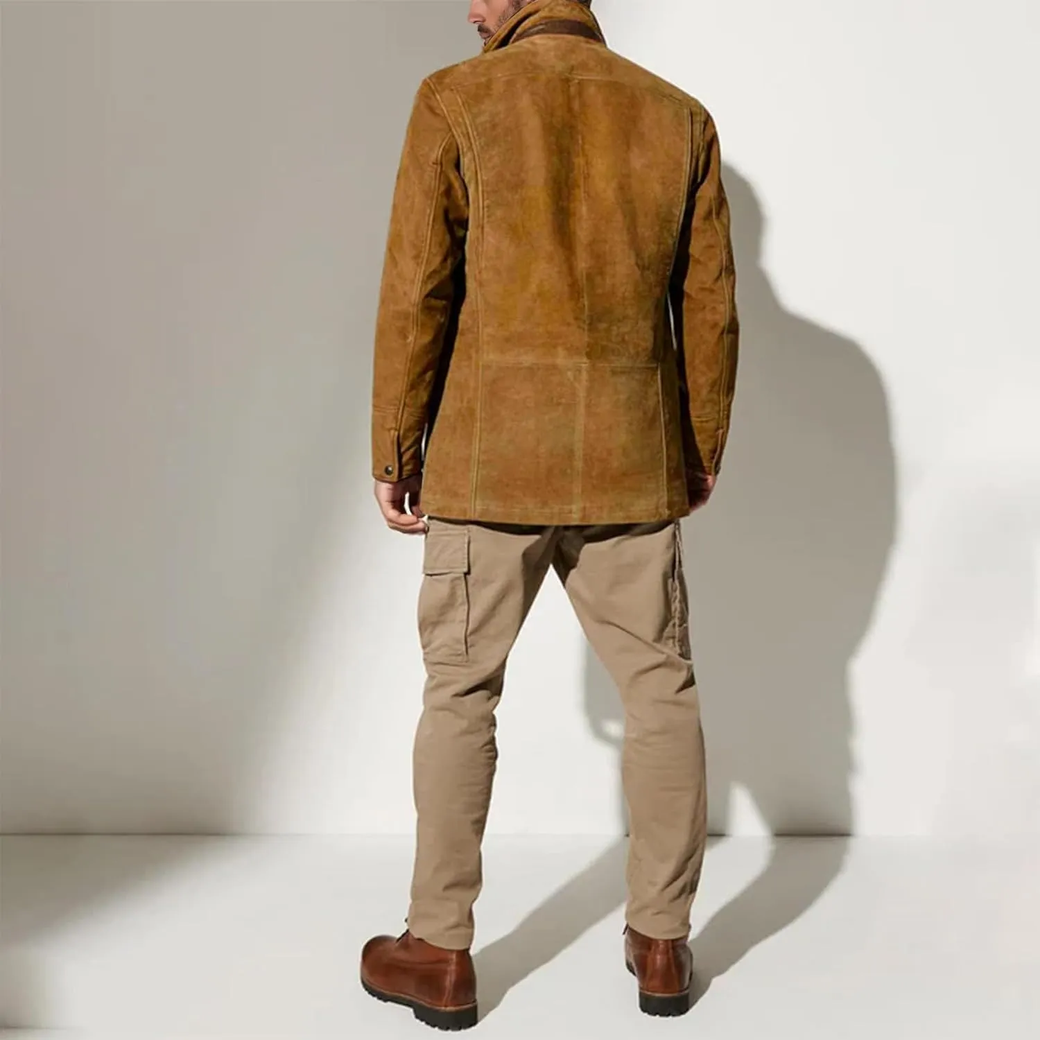 Men's Faux Leather Jacket Double Lapel Casual Work Cargo Jacket Vintage Style Leather Blazer Windproof Coat with Button