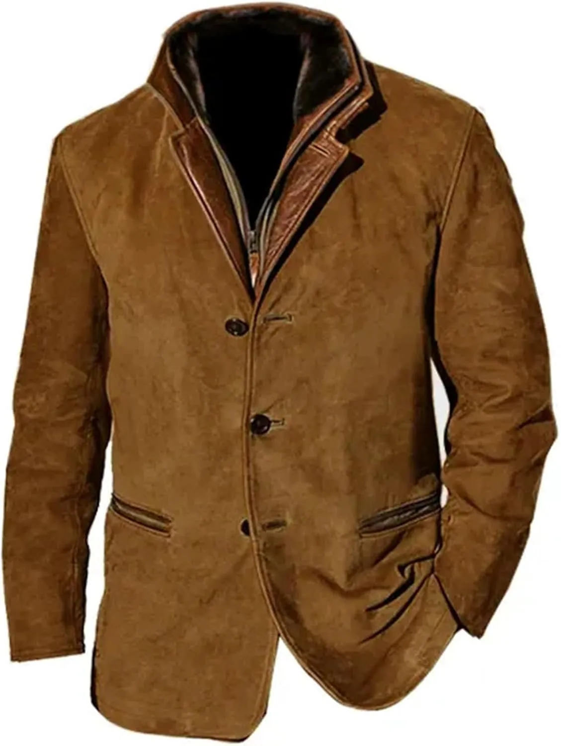 Men's Faux Leather Jacket Double Lapel Casual Work Cargo Jacket Vintage Style Leather Blazer Windproof Coat with Button