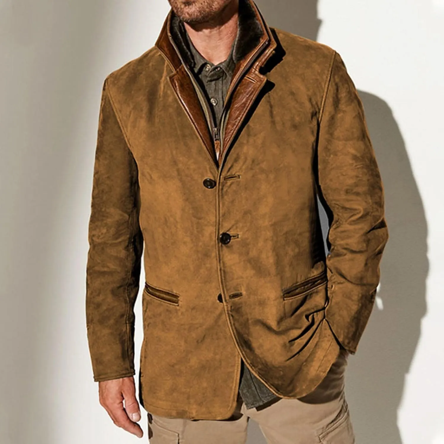 Men's Faux Leather Jacket Double Lapel Casual Work Cargo Jacket Vintage Style Leather Blazer Windproof Coat with Button
