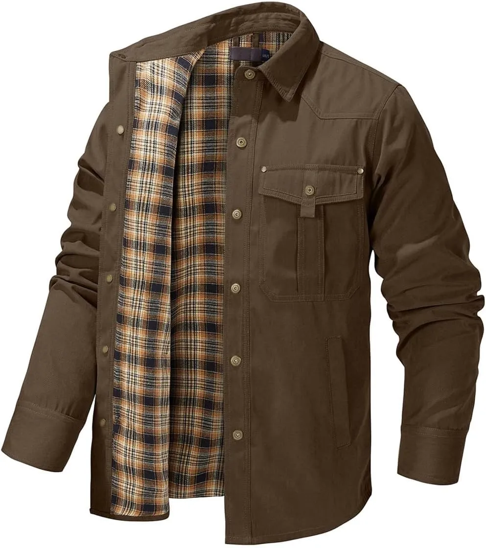 Men's flannel lined shirt jacket Lightweight snap western denim shirt jacket Short coat Vintage snap western jacket