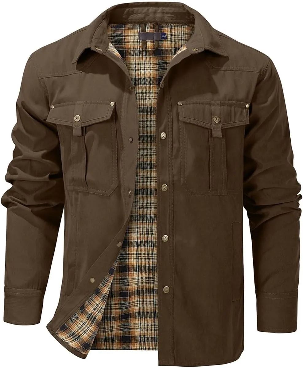 Men's flannel lined shirt jacket Lightweight snap western denim shirt jacket Short coat Vintage snap western jacket