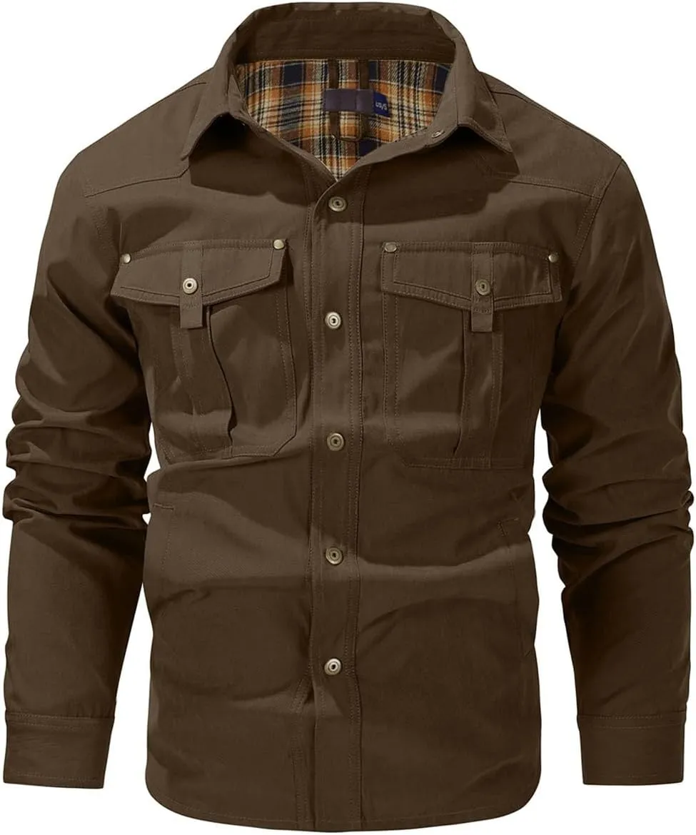 Men's flannel lined shirt jacket Lightweight snap western denim shirt jacket Short coat Vintage snap western jacket