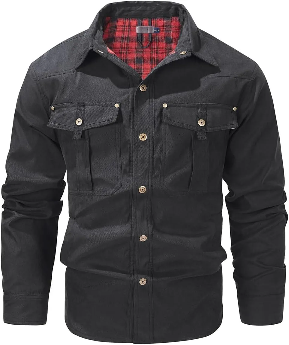 Men's flannel lined shirt jacket Lightweight snap western denim shirt jacket Short coat Vintage snap western jacket