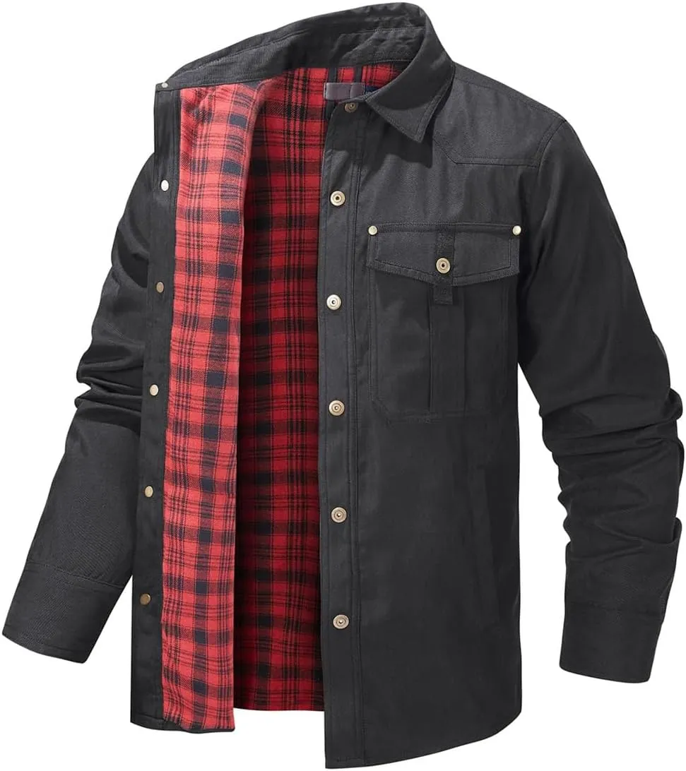 Men's flannel lined shirt jacket Lightweight snap western denim shirt jacket Short coat Vintage snap western jacket