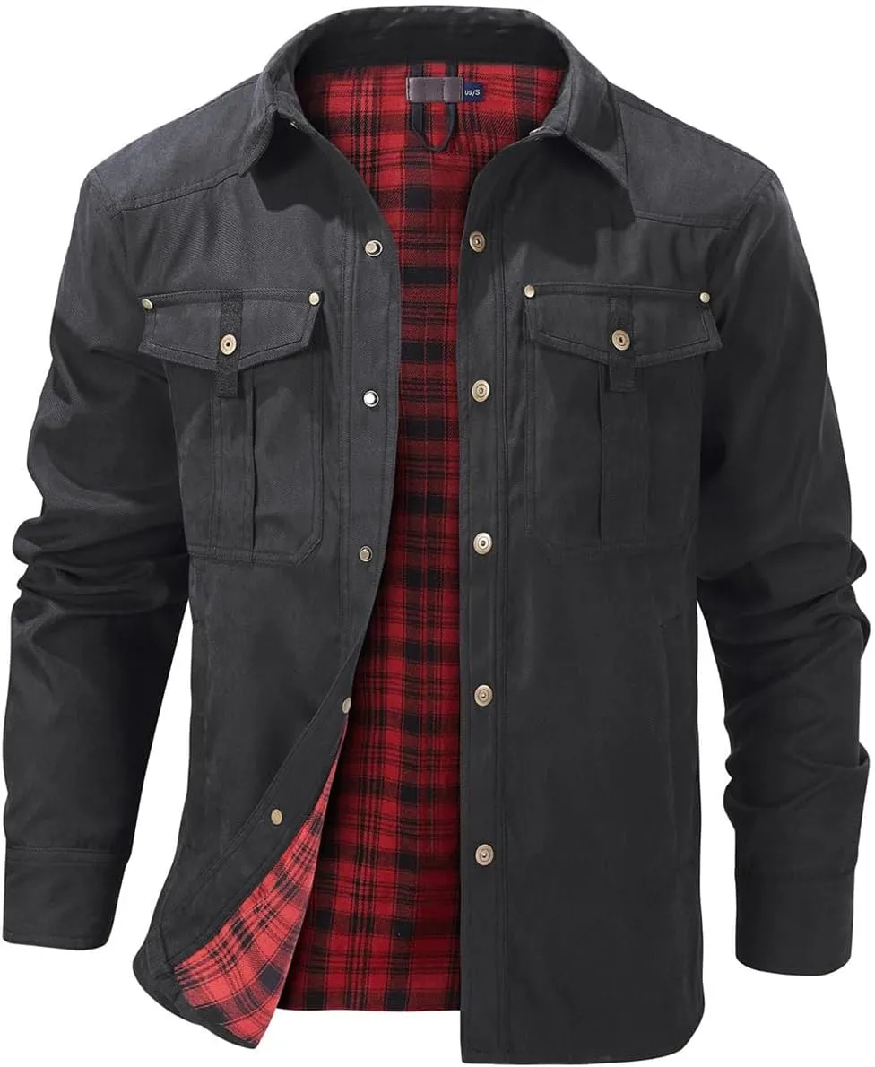 Men's flannel lined shirt jacket Lightweight snap western denim shirt jacket Short coat Vintage snap western jacket