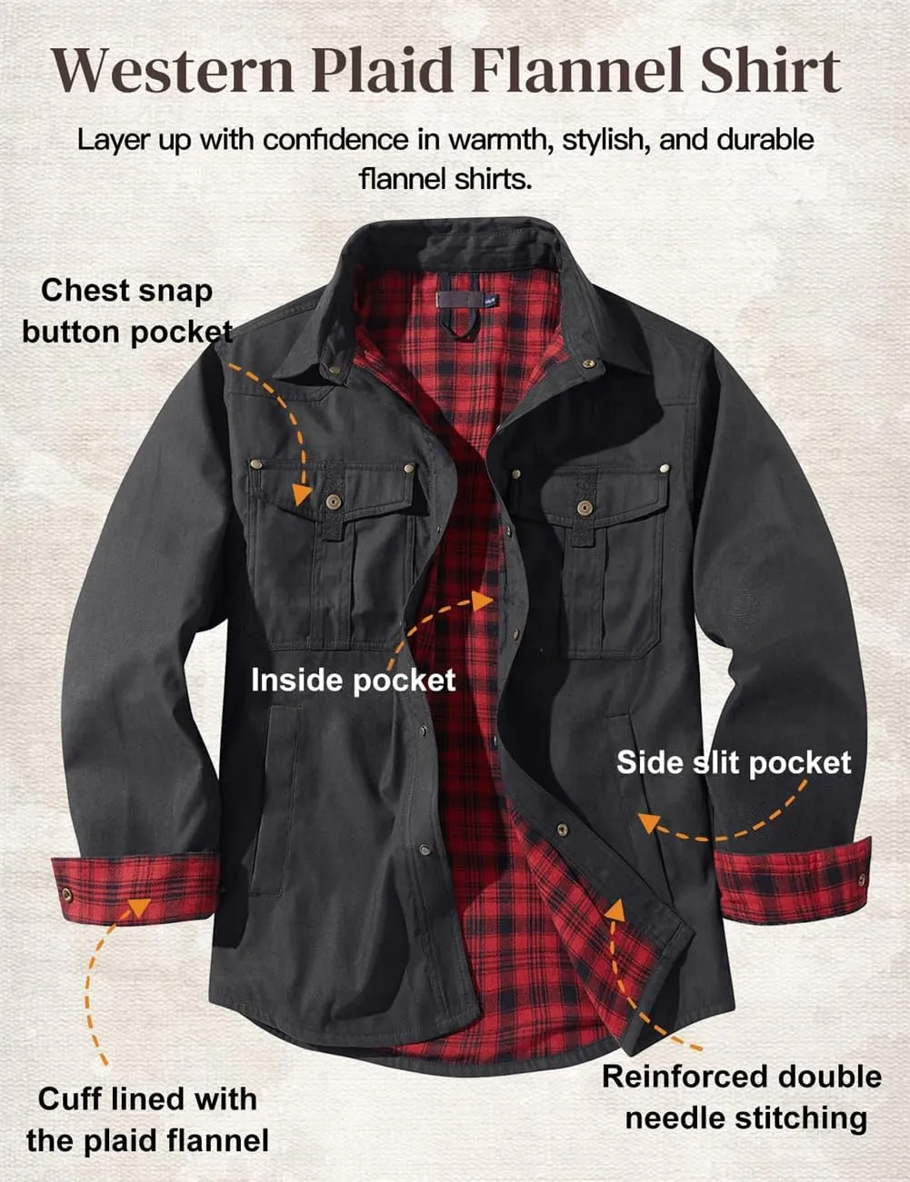Men's flannel lined shirt jacket Lightweight snap western denim shirt jacket Short coat Vintage snap western jacket