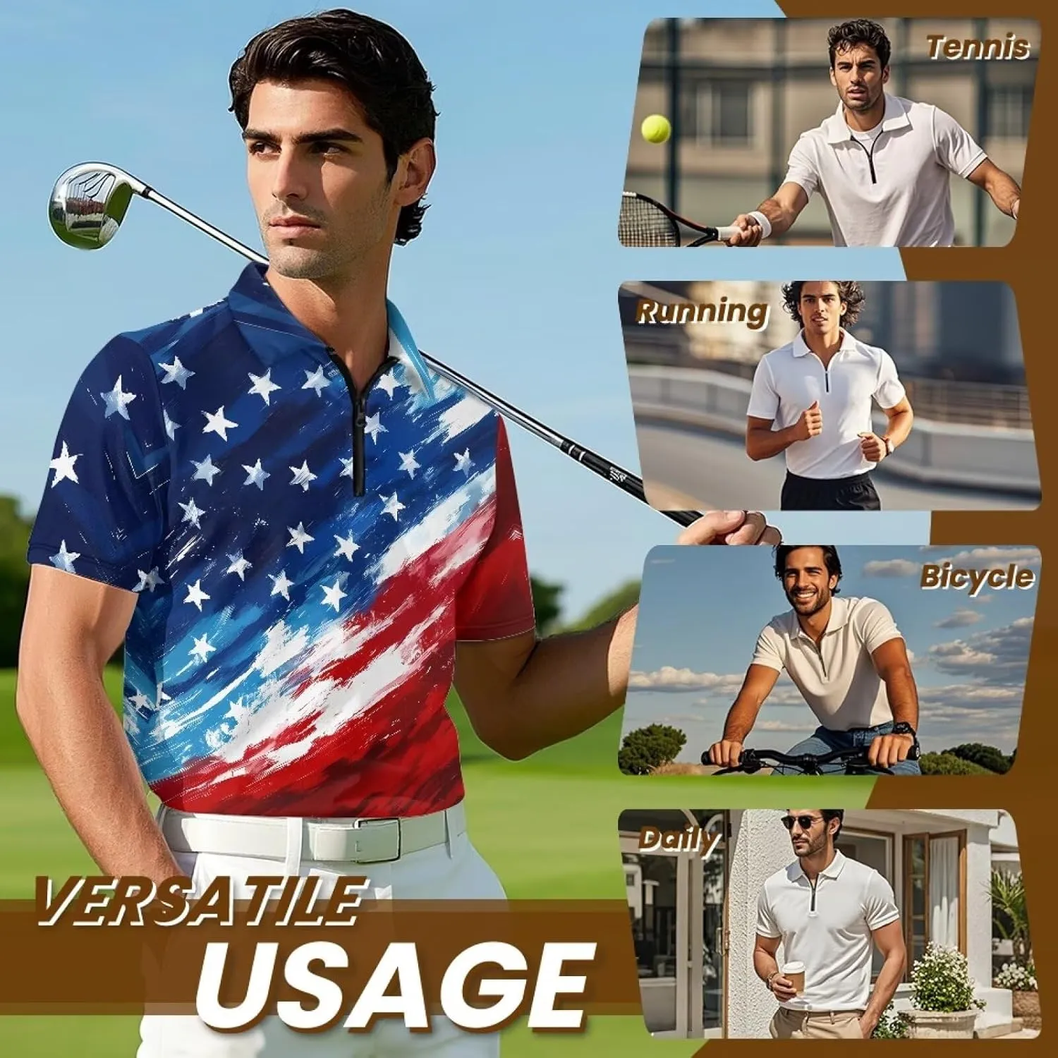 Men's Golf Shirts Short Sleeve Zipper Shirt Casual Slim Fit Sports Golf Shirt Summer Athletic Tennis Tops