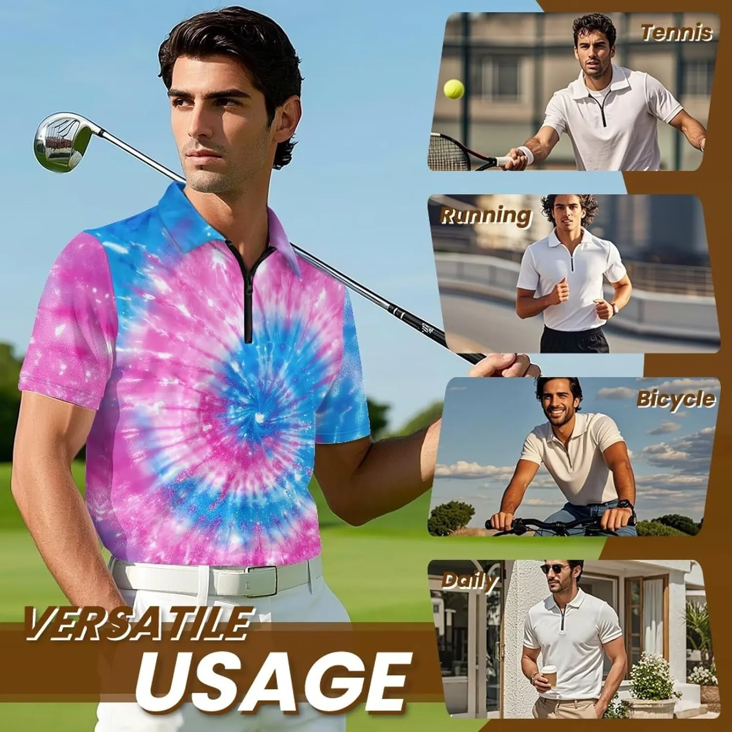 Men's Golf Shirts Short Sleeve Zipper Shirt Casual Slim Fit Sports Golf Shirt Summer Athletic Tennis Tops
