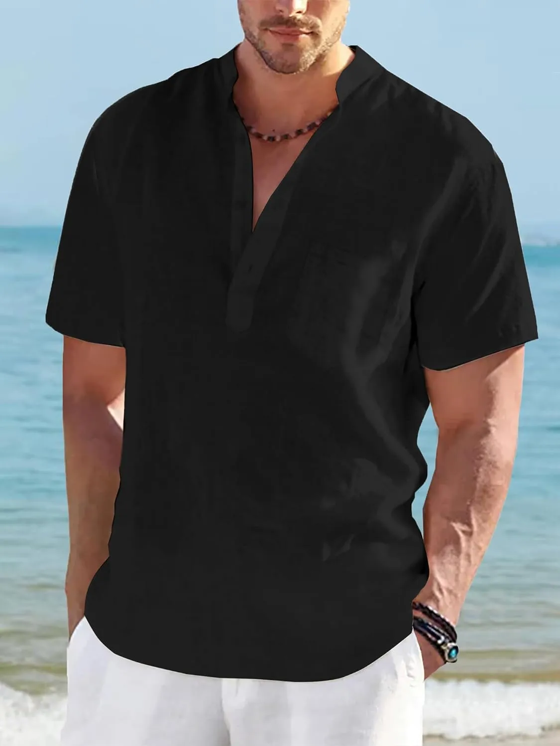 Men's Henley Shirt Summer Causal Shot Sleeve Hippie Beach T Shirt Band Collar Lightweight Yoga Tee Tops
