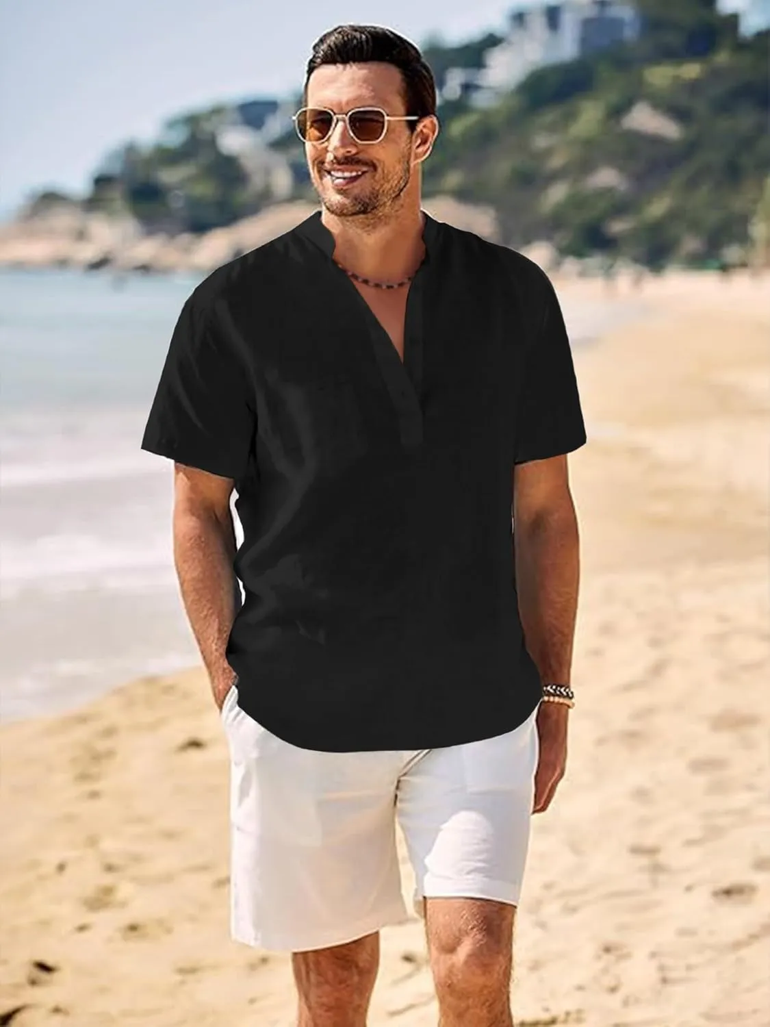Men's Henley Shirt Summer Causal Shot Sleeve Hippie Beach T Shirt Band Collar Lightweight Yoga Tee Tops