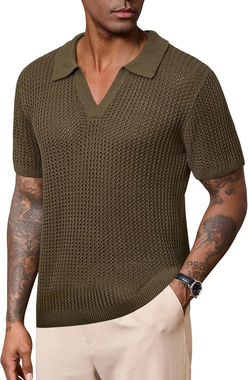Mens Johnny Collar Polo Shirts Crochet Hollow Out Summer Casual Shirt (S-XXL)