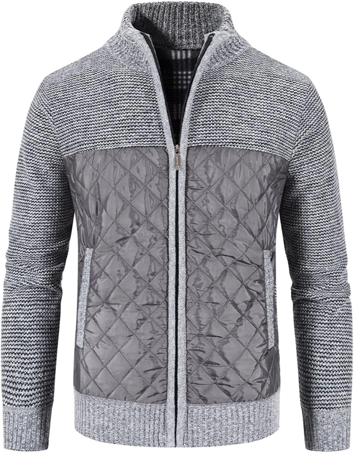 Men's Knitted Cardigan Sweater Coat Full Zip Up Stand Collar Slim Fit Cotton-Padded Jackets Warm Casual Winter Coats
