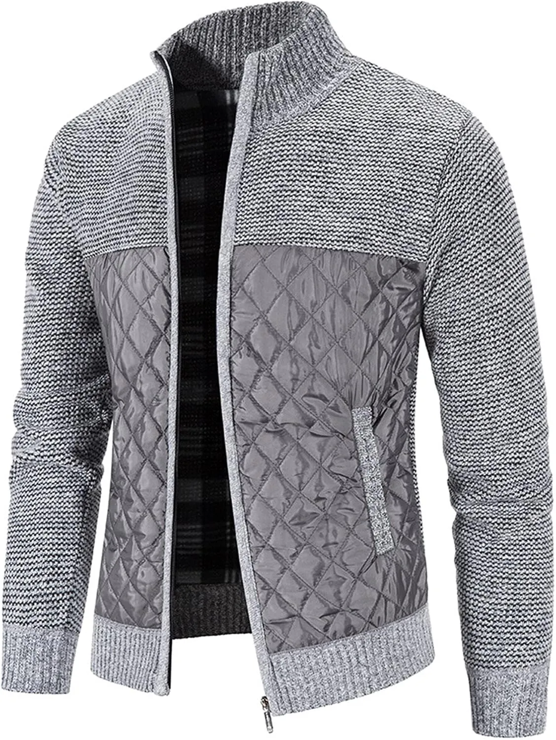 Men's Knitted Cardigan Sweater Coat Full Zip Up Stand Collar Slim Fit Cotton-Padded Jackets Warm Casual Winter Coats