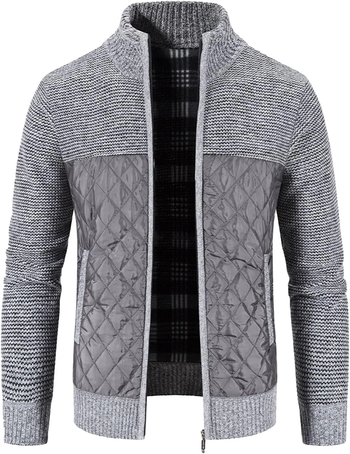 Men's Knitted Cardigan Sweater Coat Full Zip Up Stand Collar Slim Fit Cotton-Padded Jackets Warm Casual Winter Coats