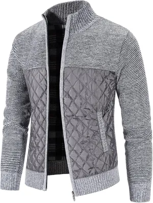 Men's Knitted Cardigan Sweater Coat Full Zip Up Stand Collar Slim Fit Cotton-Padded Jackets Warm Casual Winter Coats