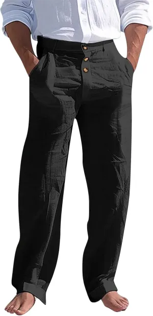 Mens Linen Pants Straight-Legs Lightweight Elastic Waist Cotton Pants Casual Summer Beach with Pocket Fashion Trousers