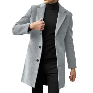 Men's Long Trench Coat Notched Collared Button Down Pea Coat Fall Winter Windproof Windbreaker Jackets Trendy Outfits