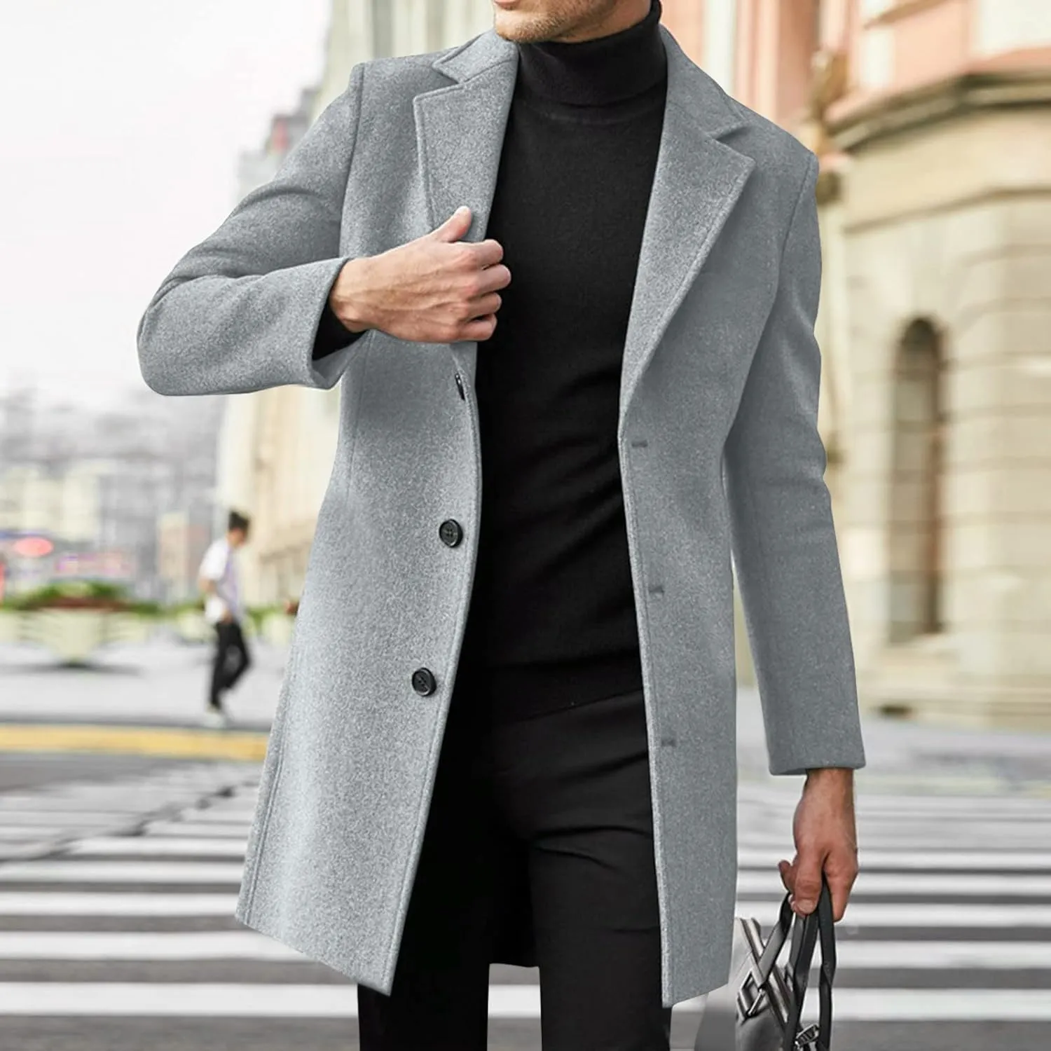Men's Long Trench Coat Notched Collared Button Down Pea Coat Fall Winter Windproof Windbreaker Jackets Trendy Outfits
