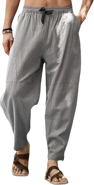 Mens Lounge Linen Pants Trendy Baggy Yoga Lightweight Slacks Casual Wide Leg Trousers with Pockets