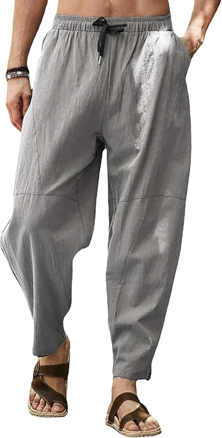 Mens Lounge Linen Pants Trendy Baggy Yoga Lightweight Slacks Casual Wide Leg Trousers with Pockets