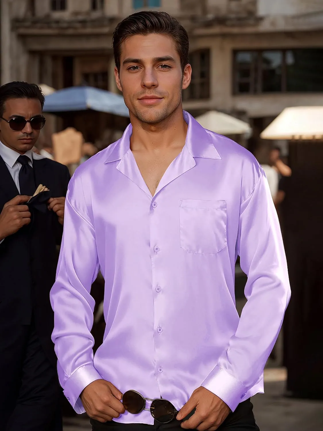Mens Luxury Satin Silk Dress Shirts Wrinkle Free Casual Button Down Long Sleeve Shirt Prom Wedding Shirt