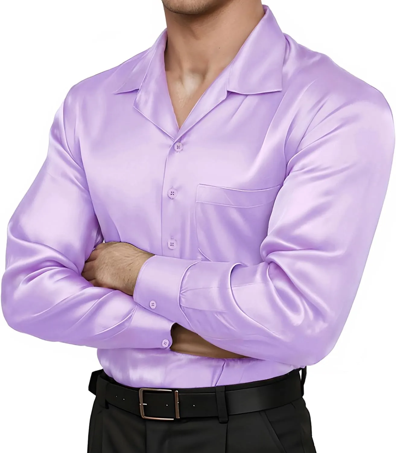 Mens Luxury Satin Silk Dress Shirts Wrinkle Free Casual Button Down Long Sleeve Shirt Prom Wedding Shirt
