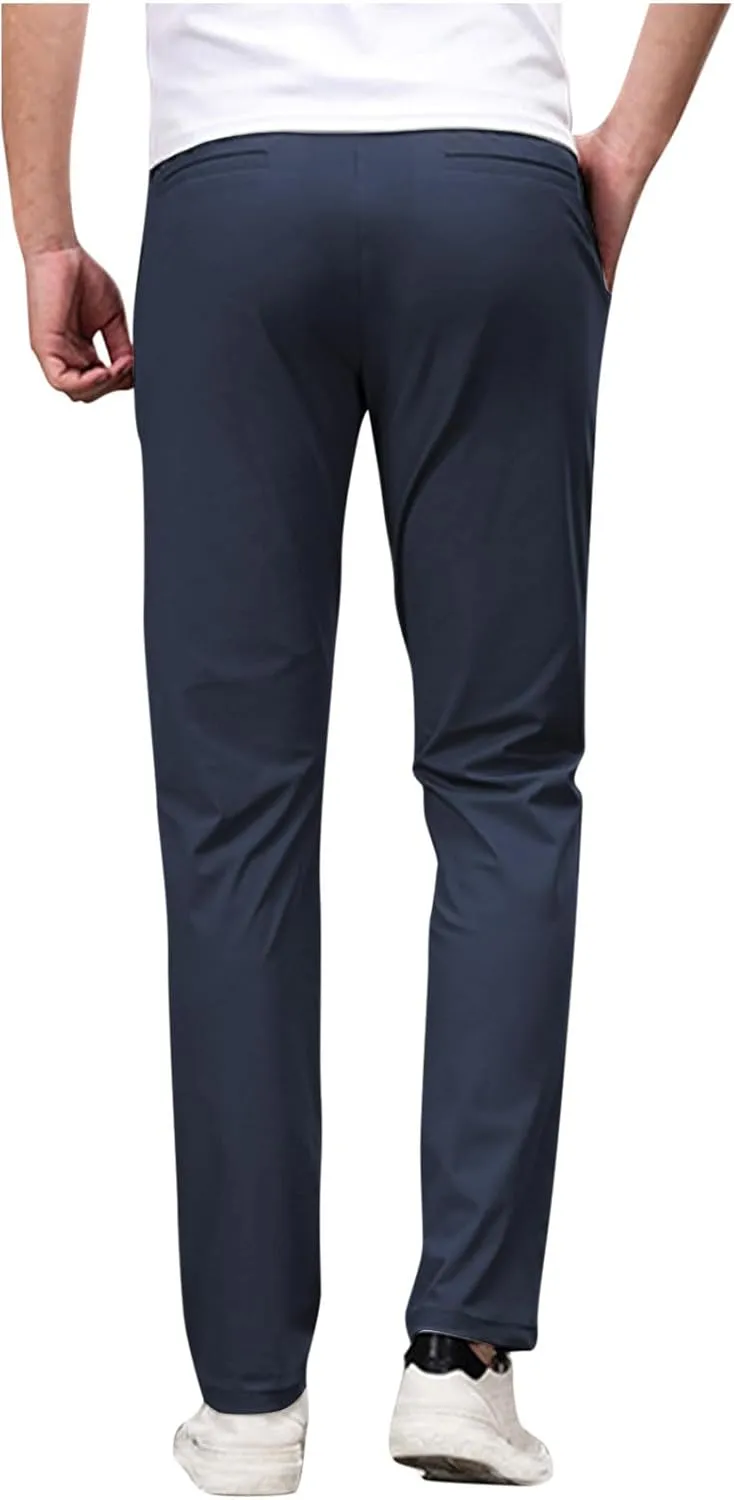 Mens Slim Fit Dress Pants Flat Front Straight Leg Formal Work Wrinkle Free Expandable Waist Casual Business Suit Pant
