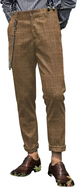 Mens Slim Fit Herringbone Tweed Wool Plaid Trousers Retro Dress Business Suit Pants