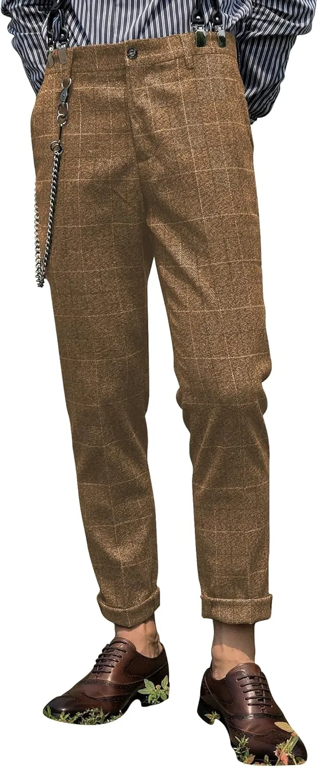 Mens Slim Fit Herringbone Tweed Wool Plaid Trousers Retro Dress Business Suit Pants