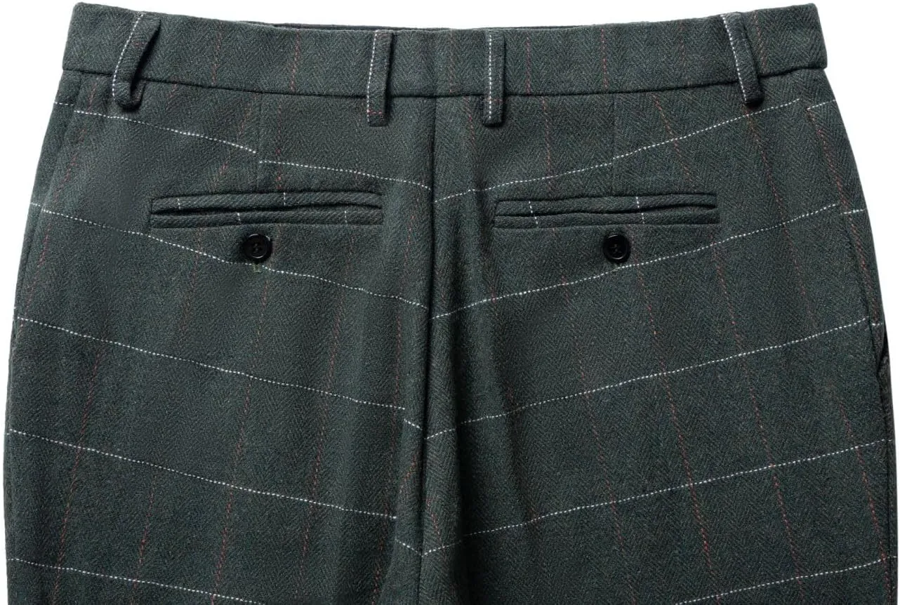 Mens Slim Fit Herringbone Tweed Wool Plaid Trousers Retro Dress Business Suit Pants