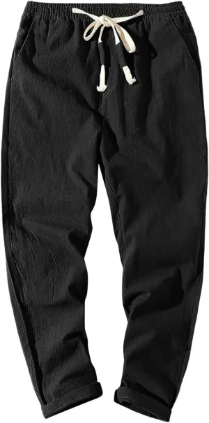 Mens Slim Fit Linen Pants Tapered Leg Elastic Waist Drawstring Crop Pants for Men Lightweight Summer Yoga Beach Casual Pants