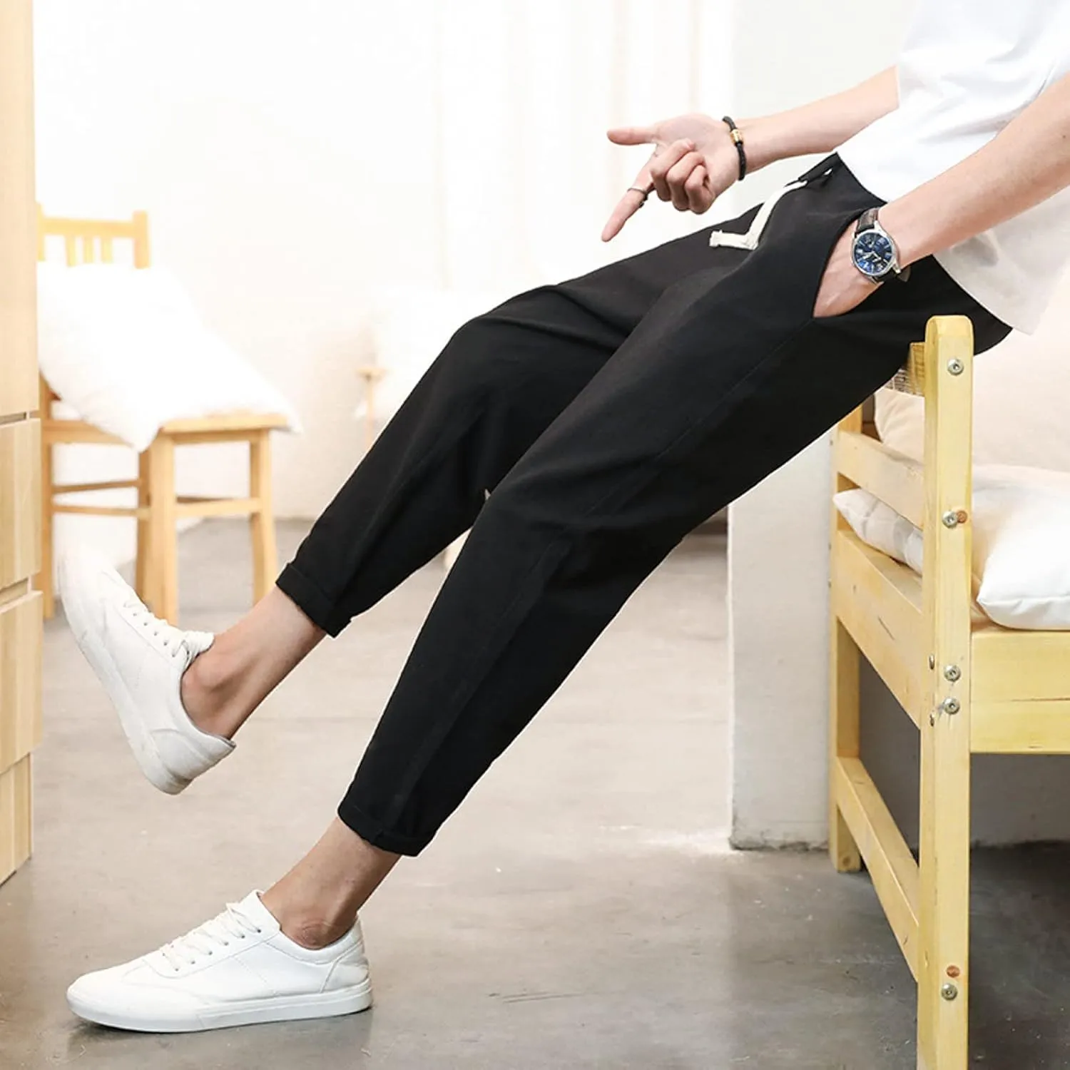 Mens Slim Fit Linen Pants Tapered Leg Elastic Waist Drawstring Crop Pants for Men Lightweight Summer Yoga Beach Casual Pants