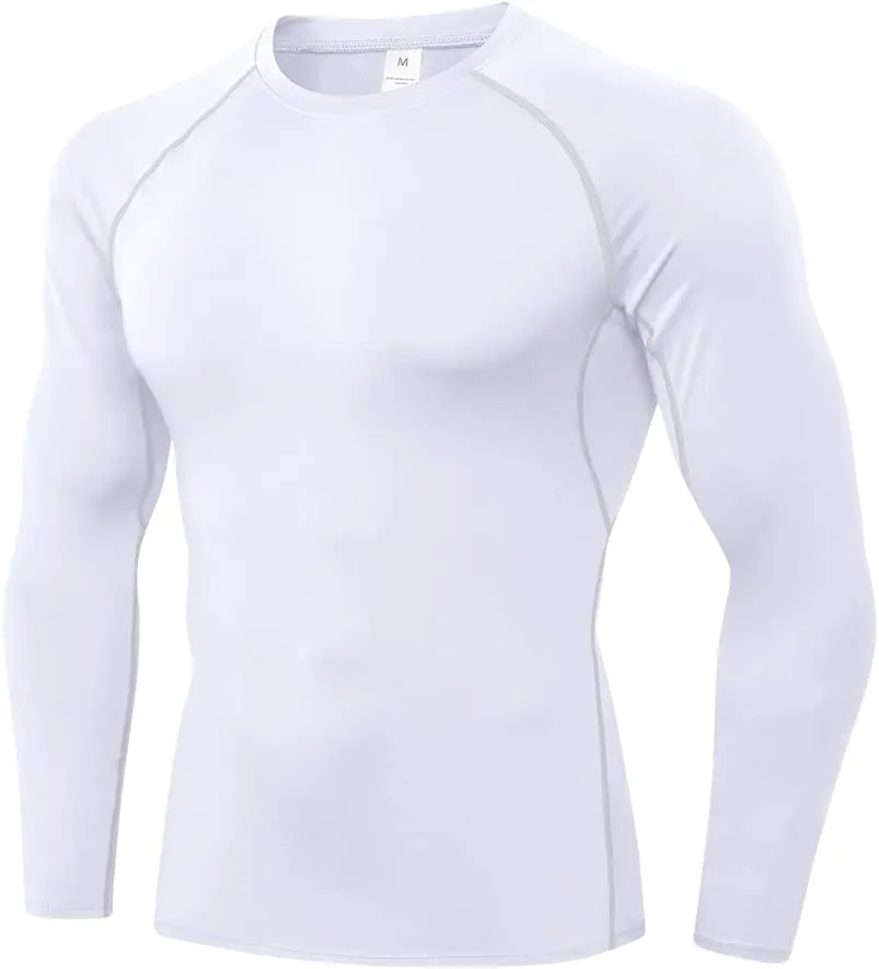 Men's Sports Compression Shirt Running Workout Long Sleeve Quick Dry Base Layer Active Athletic T-Shirt Gym Tops White Medium