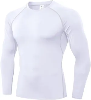 Men's Sports Compression Shirt Running Workout Long Sleeve Quick Dry Base Layer Active Athletic T-Shirt Gym Tops White Medium