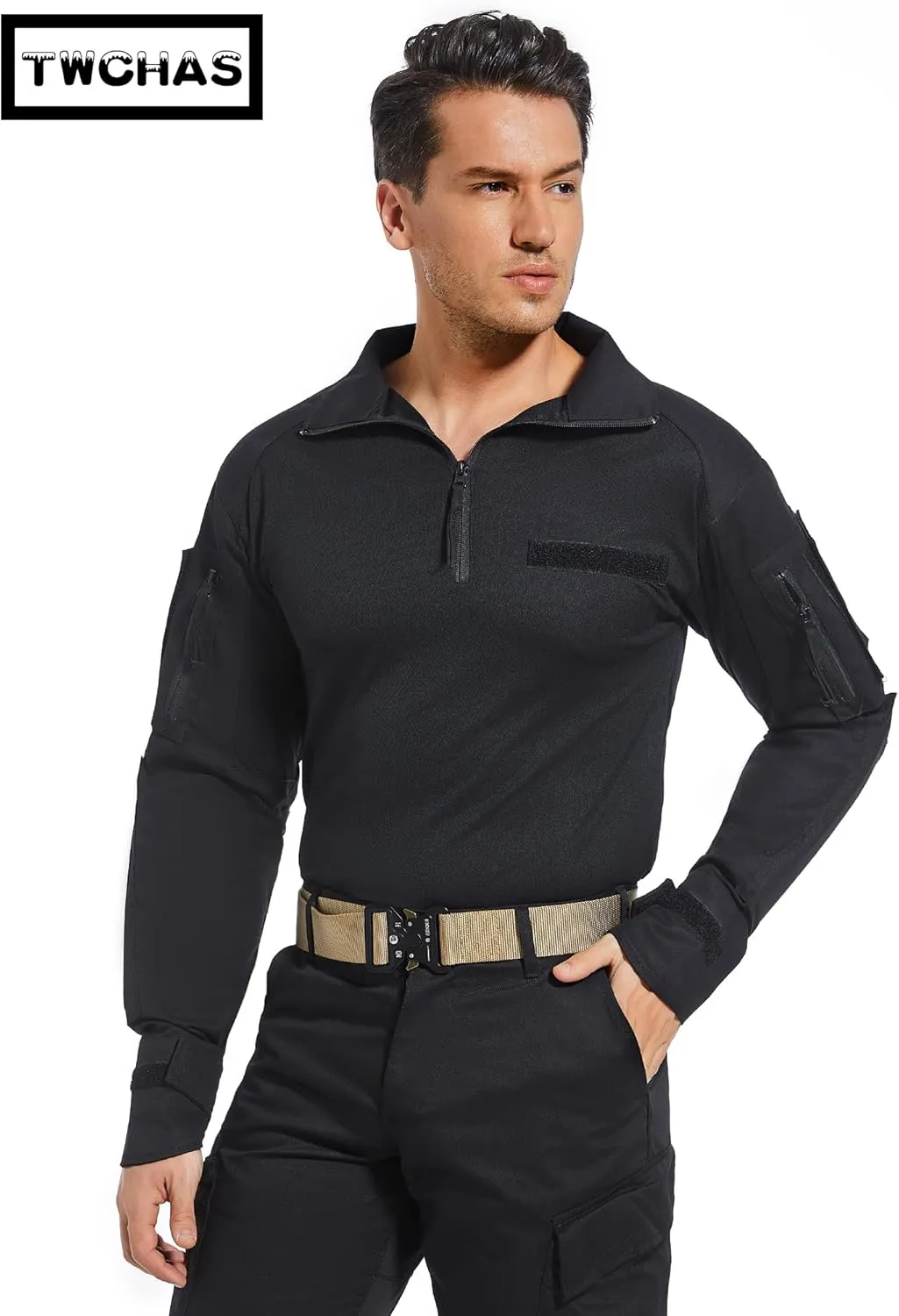 Mens Tactical Military Shirt 1/4 Zip Long Sleeve Slim Fit Military Combat Shirt with Pockets
