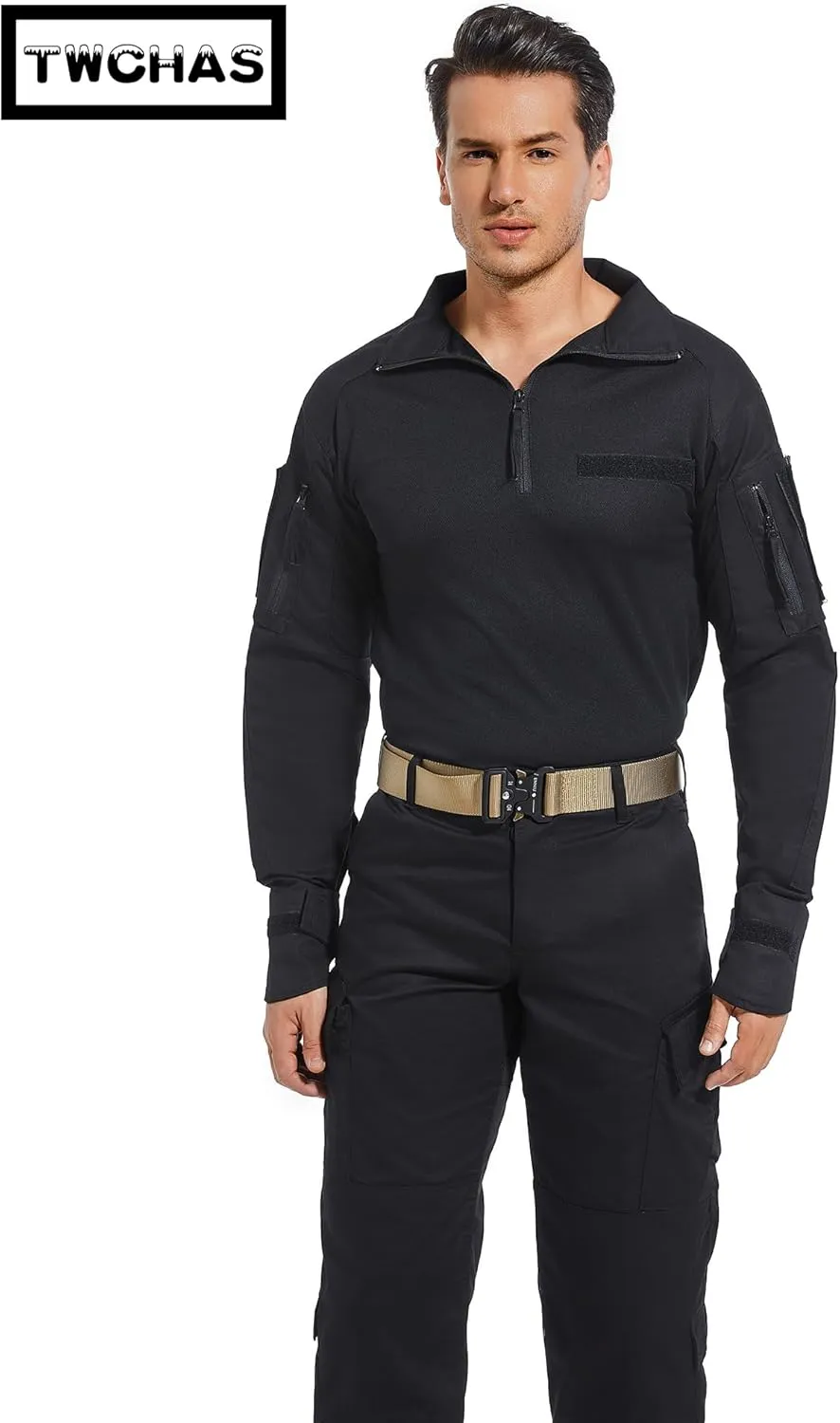 Mens Tactical Military Shirt 1/4 Zip Long Sleeve Slim Fit Military Combat Shirt with Pockets